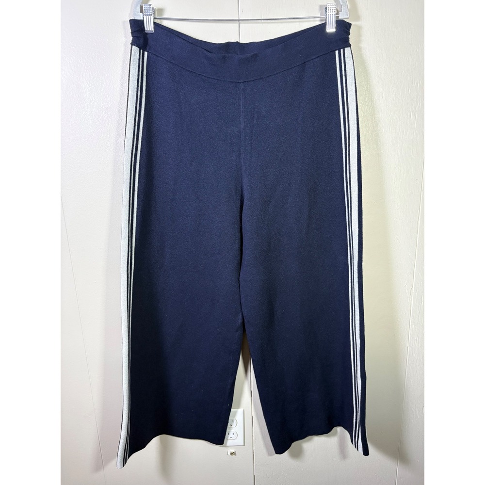 # Navy Wide-Leg Knit Pants with Side Stripes